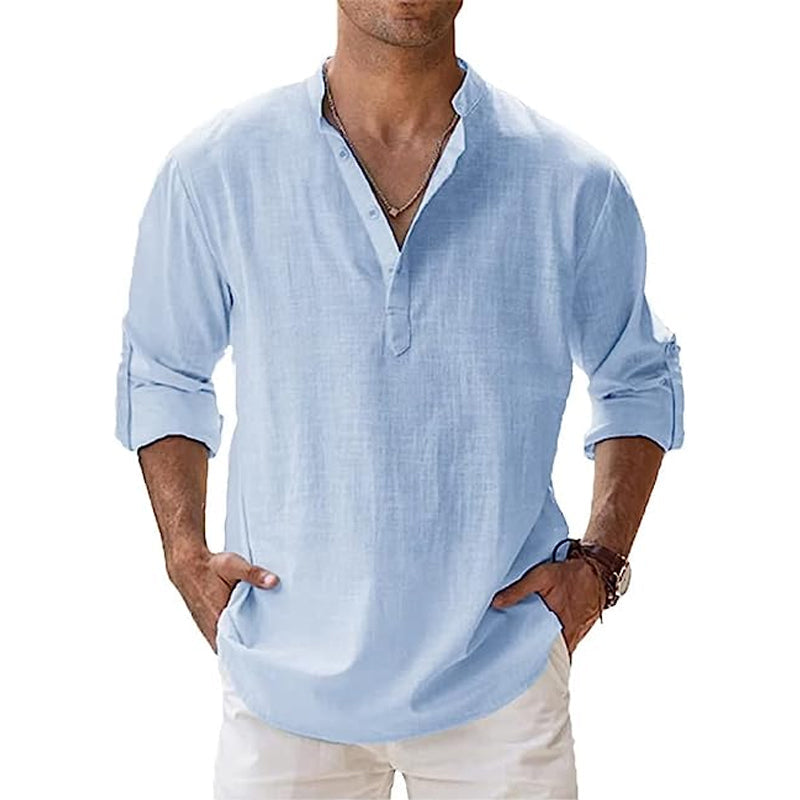 Camicia Uomo in Lino a Maniche Lunghe – Colletto Coreano