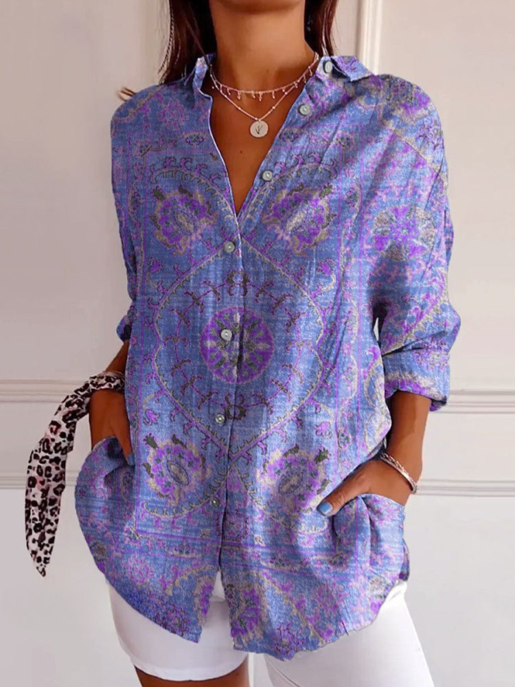 Camicia Donna Stampa Retrò Vestibilità Morbida