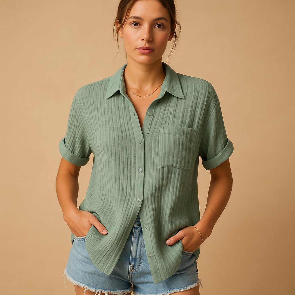 Camicia Donna a Maniche Corte in Lino Misto con Colletto