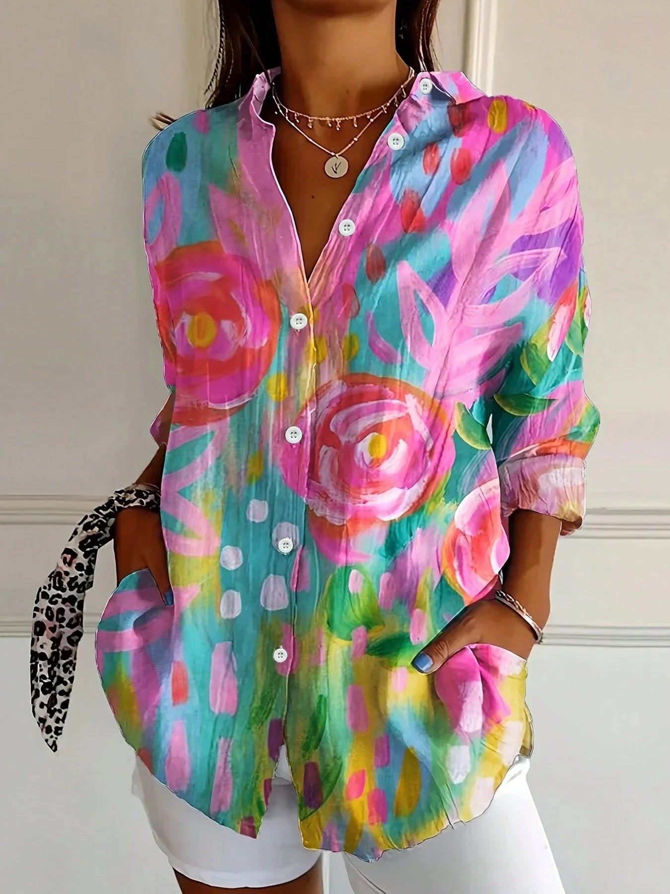 Camicia da Donna Floreale Oversize in Lino e Cotone con Maniche Lunghe