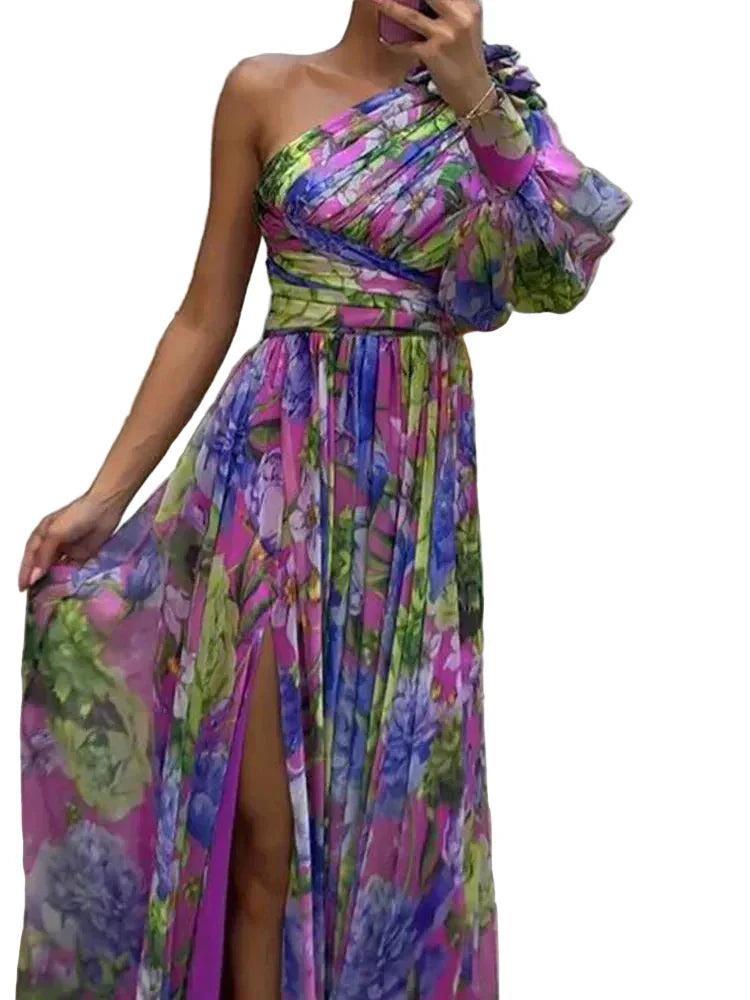 Capucine | Lilac Maxi Dress with Print, Side Slit, and One Sleeve