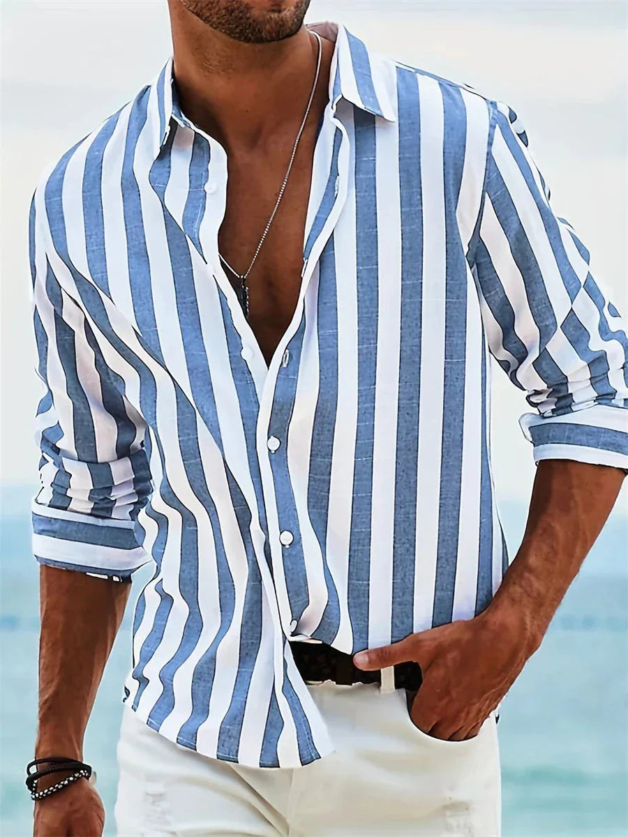 Men's Summer Shirt – Blue Striped Linen-Cotton Blend Shirt