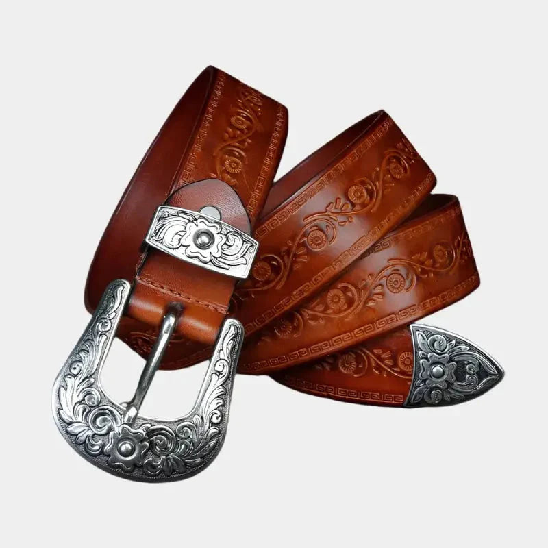 Ceinture en cuir pour homme de style western - Boucle gravée, style cowboy classique