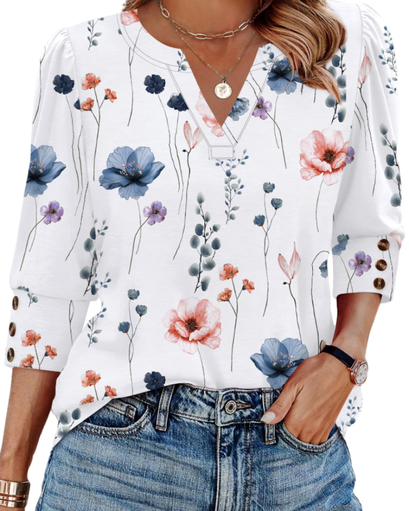 Blusa con Scollo a V a Maniche Lunghe dalla Vestibilità Morbida