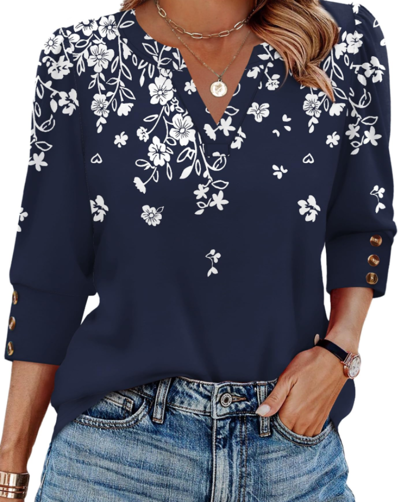 Blusa con Scollo a V a Maniche Lunghe dalla Vestibilità Morbida
