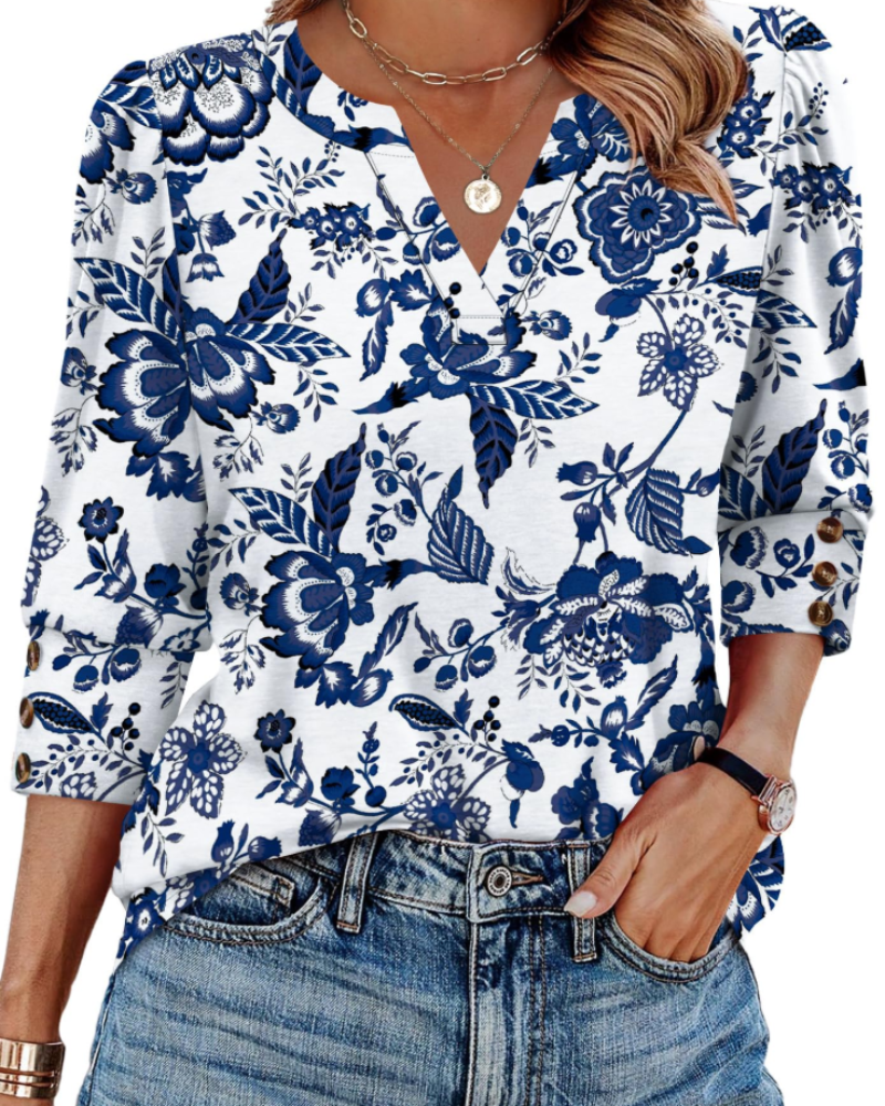 Blusa con Scollo a V a Maniche Lunghe dalla Vestibilità Morbida