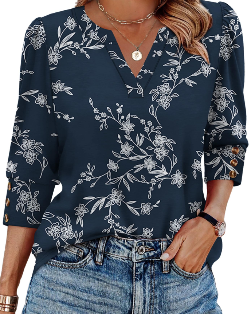 Blusa con Scollo a V a Maniche Lunghe dalla Vestibilità Morbida