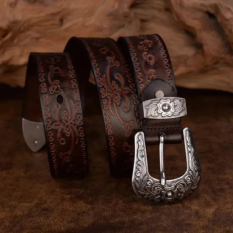Ceinture en cuir pour homme de style western - Boucle gravée, style cowboy classique