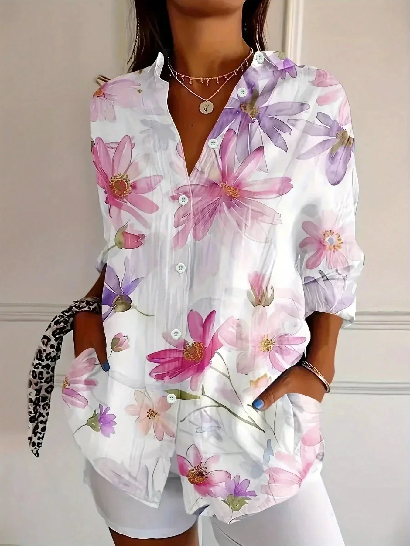 Camicia Donna a Fantasia Floreale Vestibilità Morbida