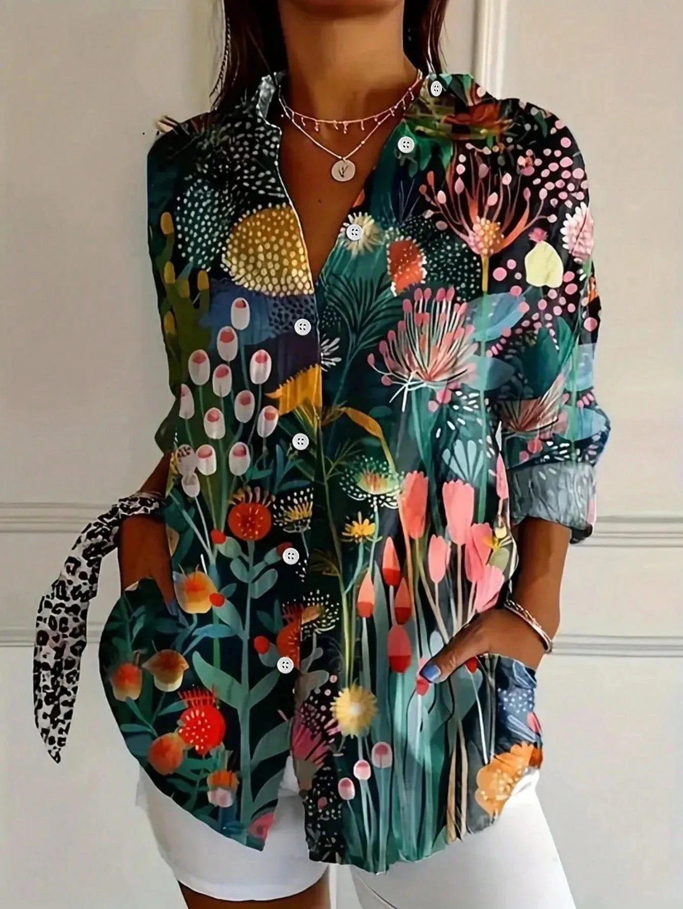 Camicia da Donna Floreale Oversize in Lino e Cotone con Maniche Lunghe