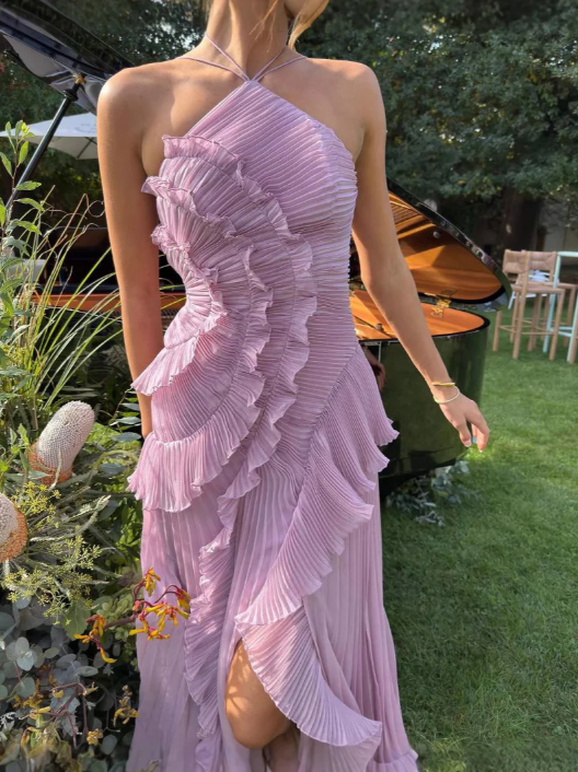 Lucía | Vestito Maxi Donna Volant Plissé Asimmetrico