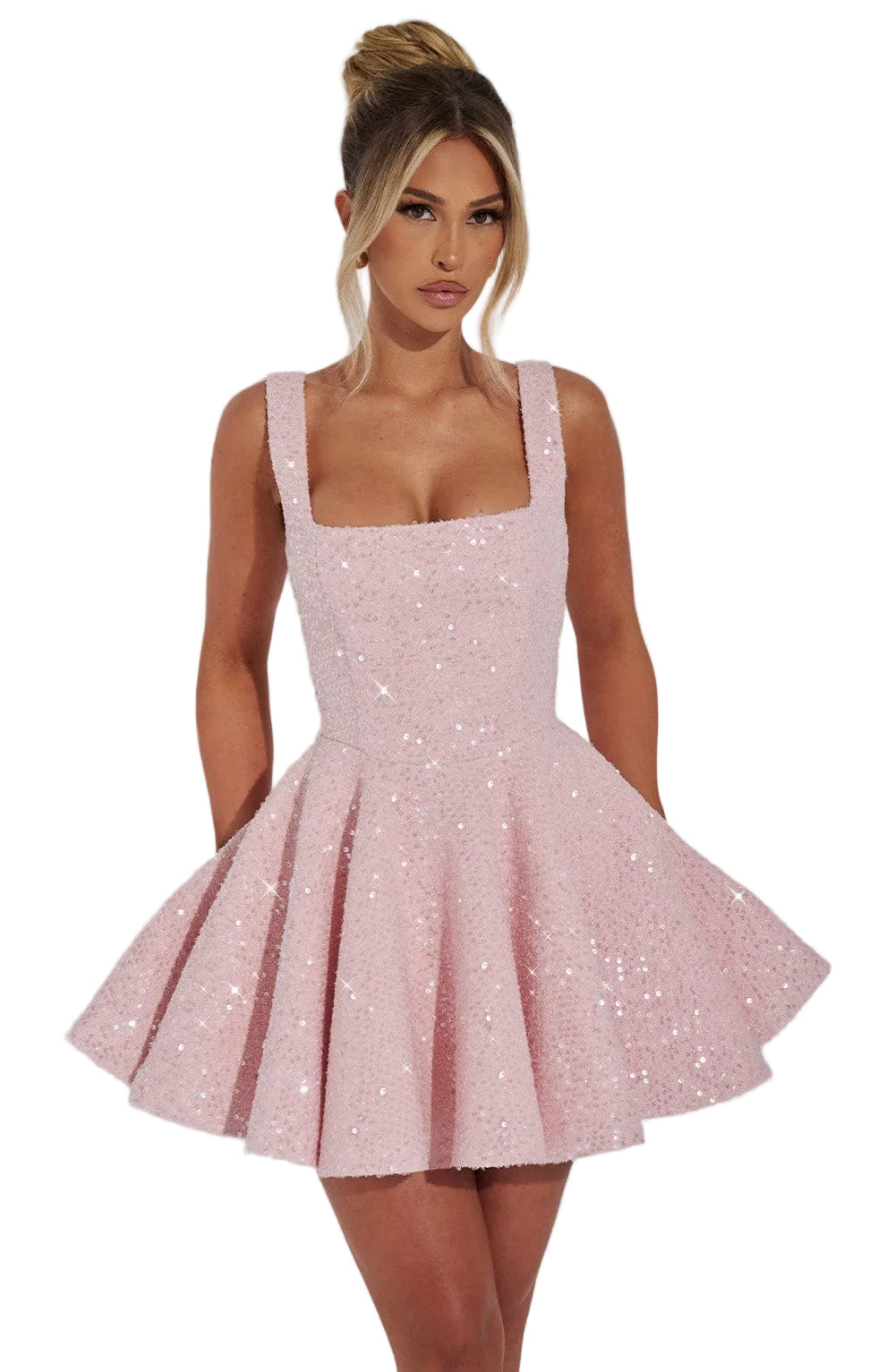 Abito Corto Svasato con Paillettes e Fiocco sul Retro