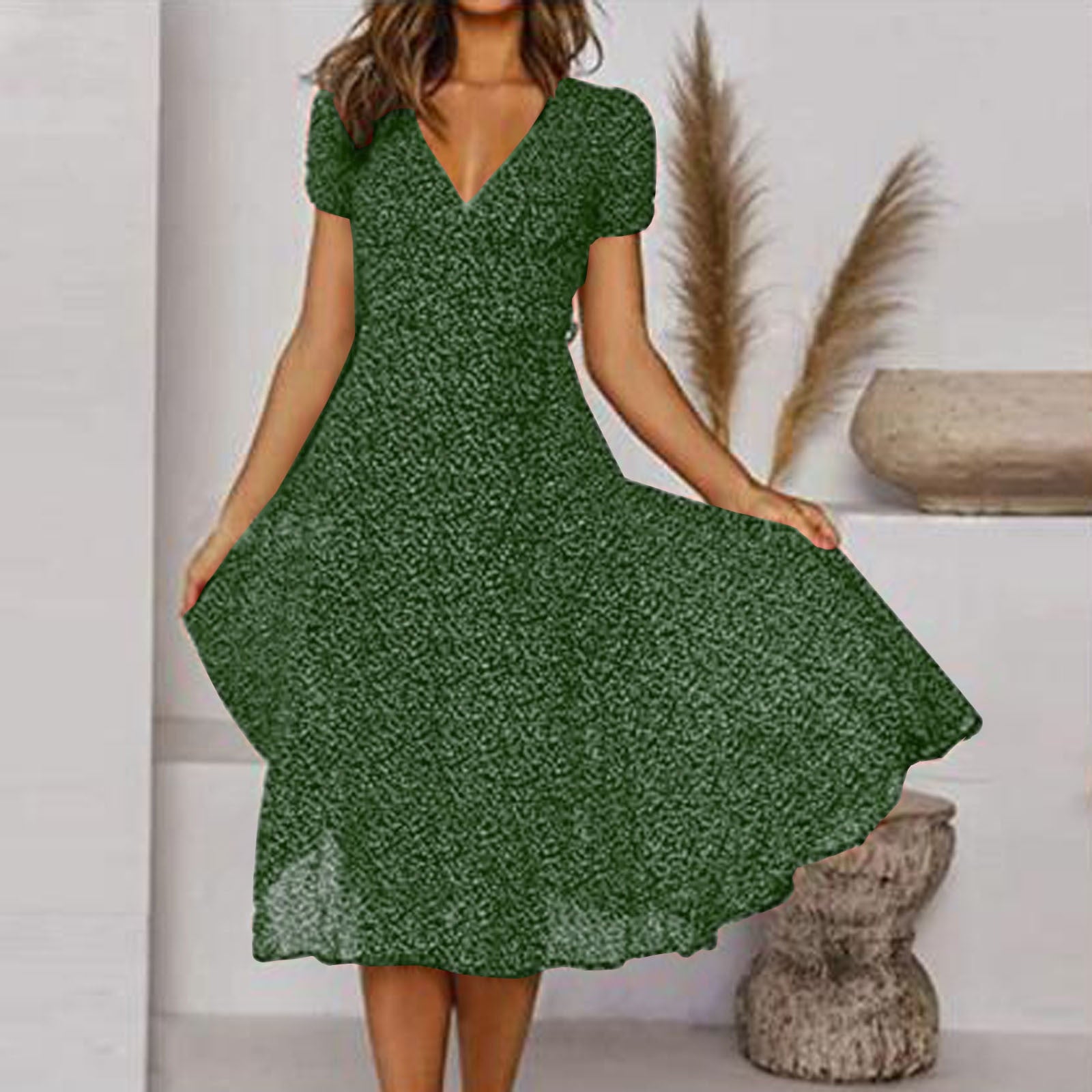 Abito Estivo Donna con Scollo a V e Gonna Svasata – Vestito Midi Elegante Casual a Maniche Corte, Leggero e Confortevole