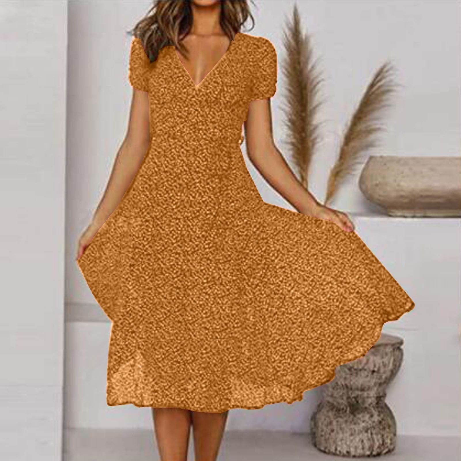 Abito Estivo Donna con Scollo a V e Gonna Svasata – Vestito Midi Elegante Casual a Maniche Corte, Leggero e Confortevole