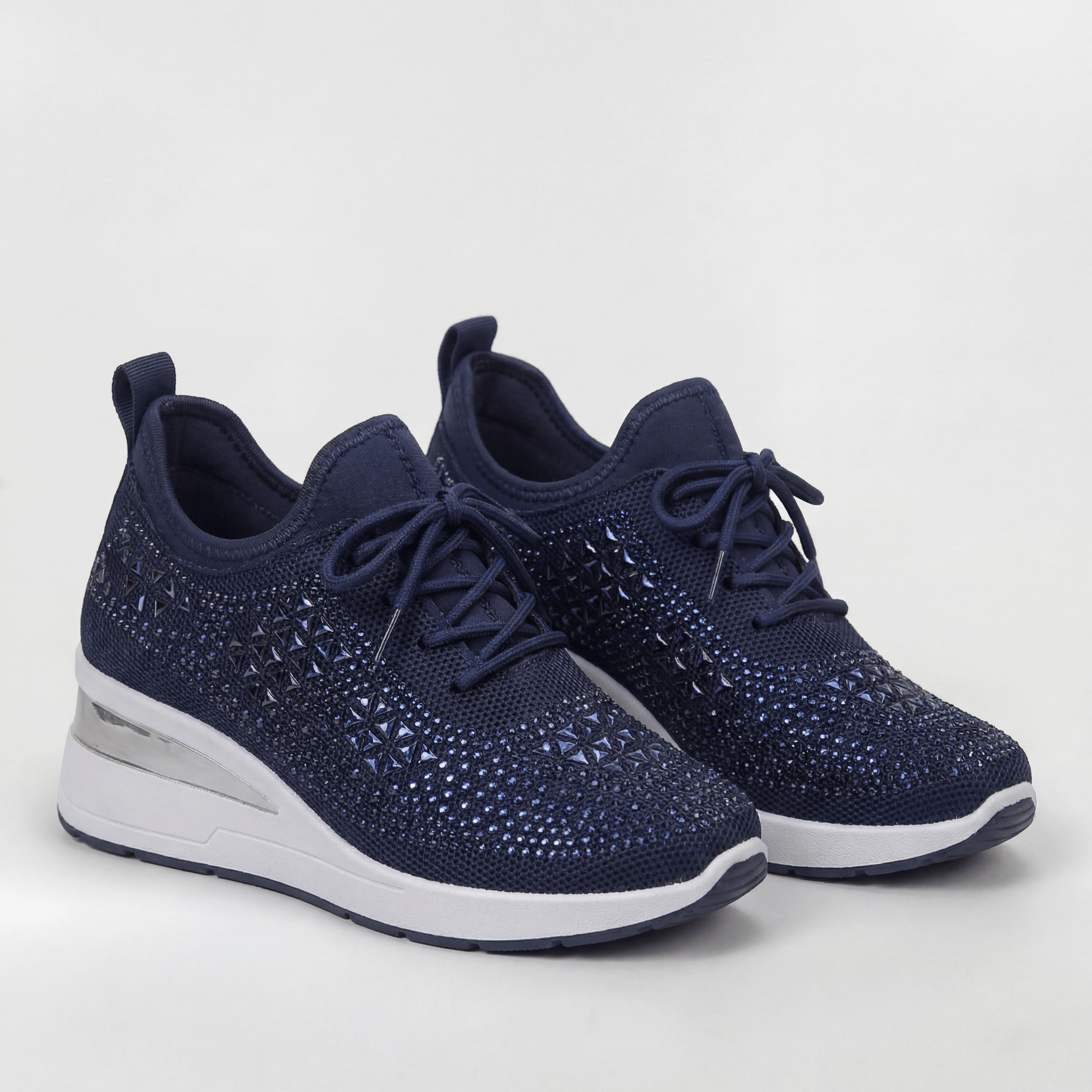 Women's Platform Sneakers with Internal Wedge and Decorative Rhinestones Casual