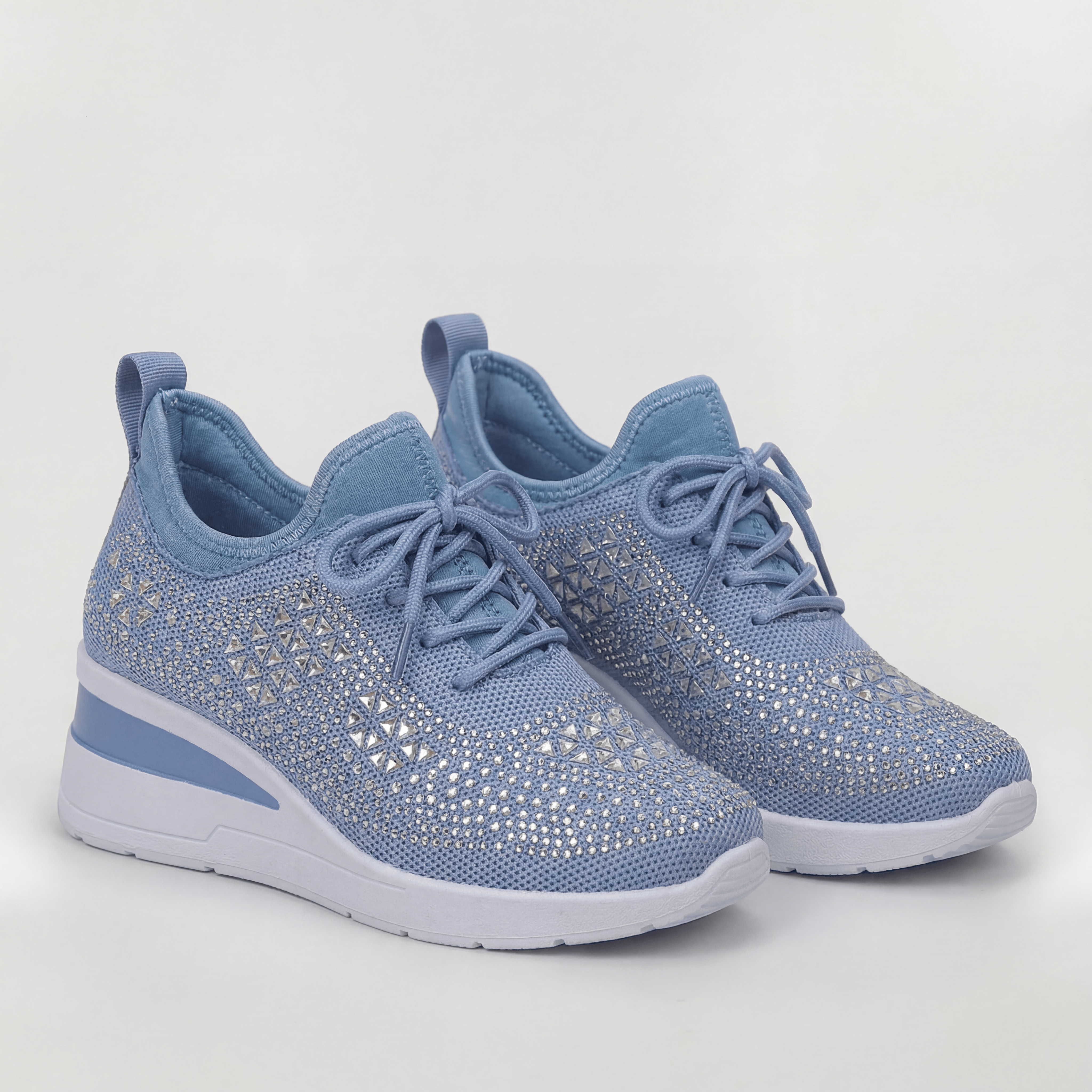 Women's Platform Sneakers with Internal Wedge and Decorative Rhinestones Casual