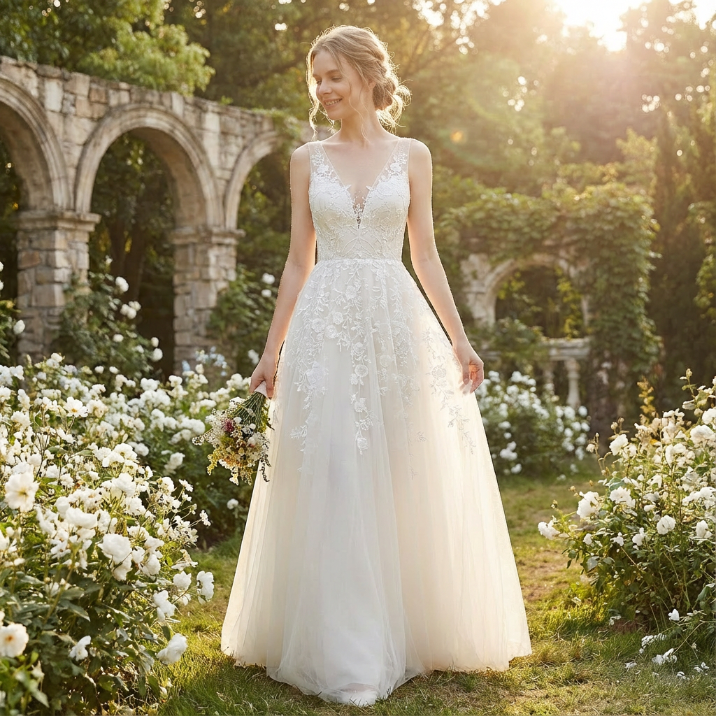 Nadina | Vestido de Novia Largo Escote en V Encaje Floral Falda Tul