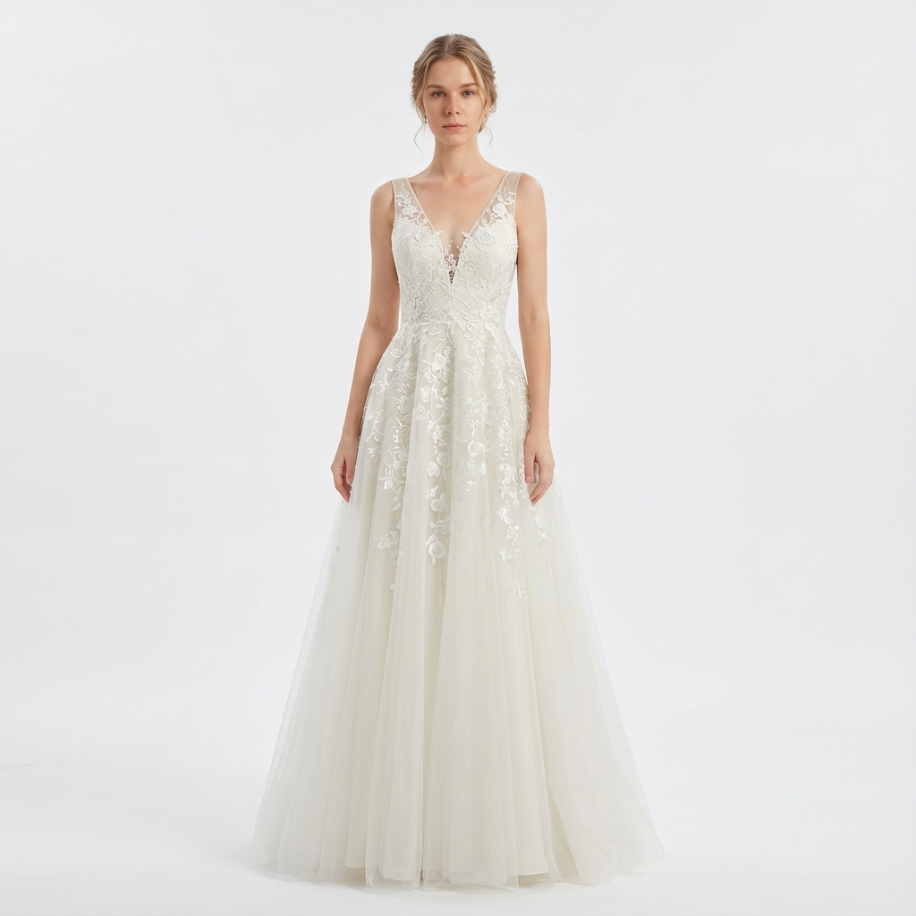 Nadina | Vestido de Novia Largo Escote en V Encaje Floral Falda Tul
