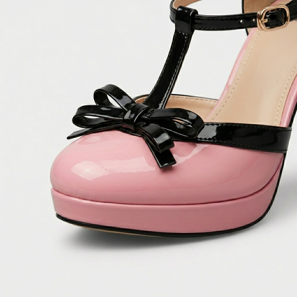 Vera | Scarpe con Tacco a Plateau Donna con Cinturino a T e Dettaglio Fiocco