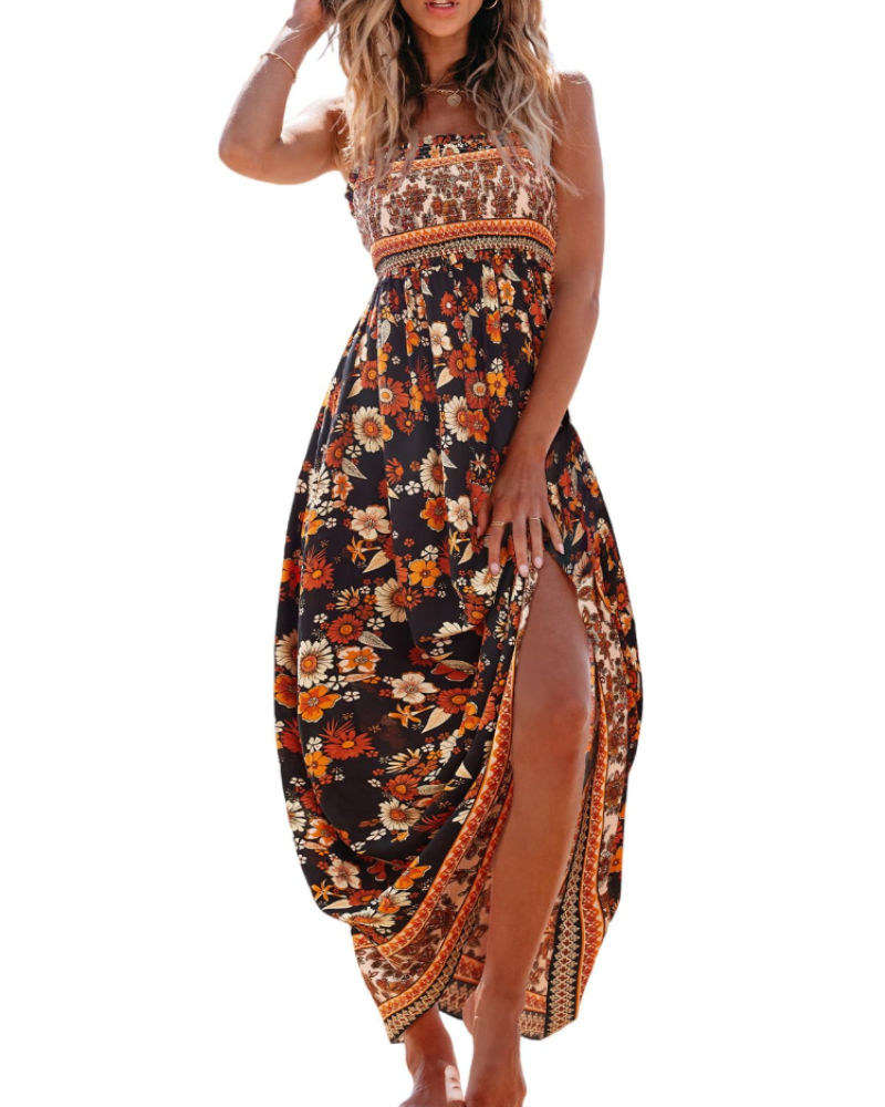 Long Beach Dress with Floral Print and Side Slit