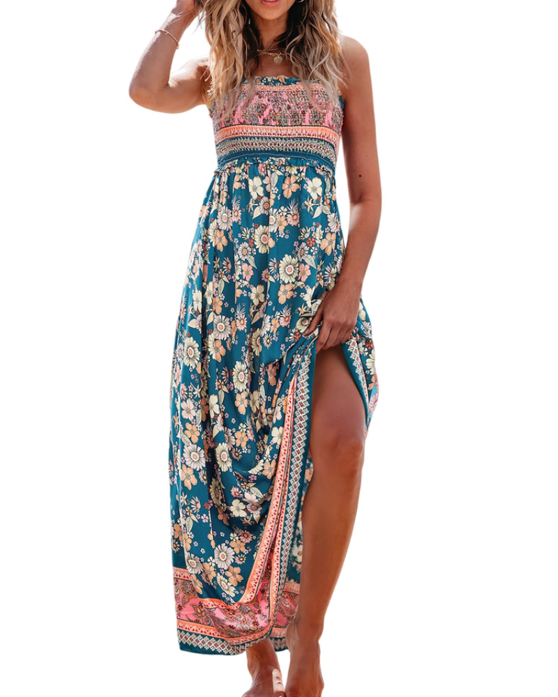 Long Beach Dress with Floral Print and Side Slit