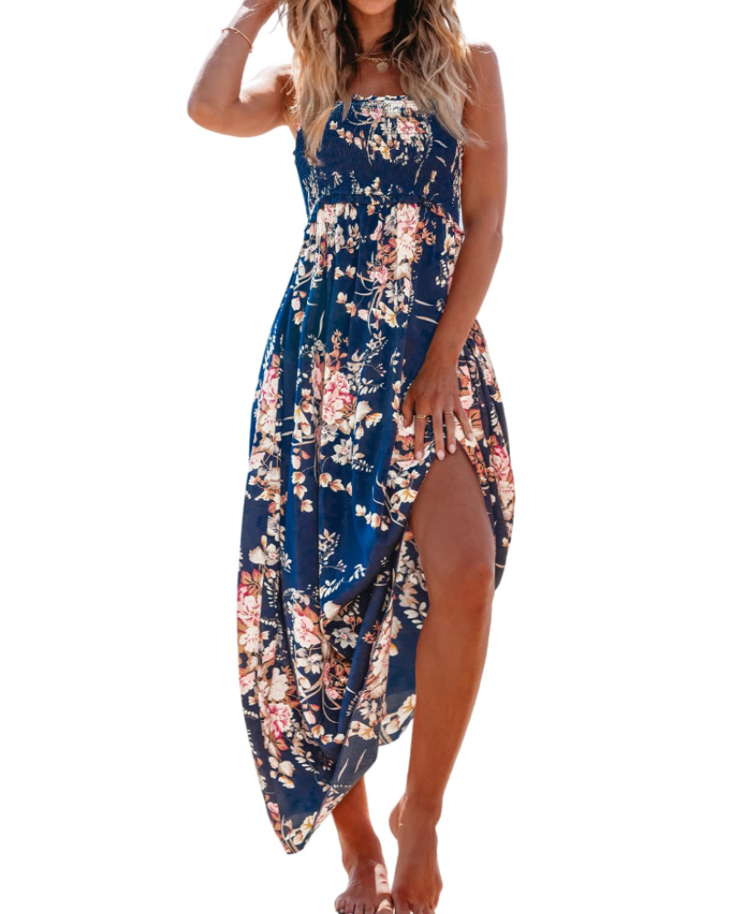 Long Beach Dress with Floral Print and Side Slit