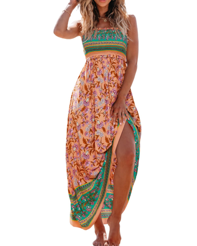 Long Beach Dress with Floral Print and Side Slit