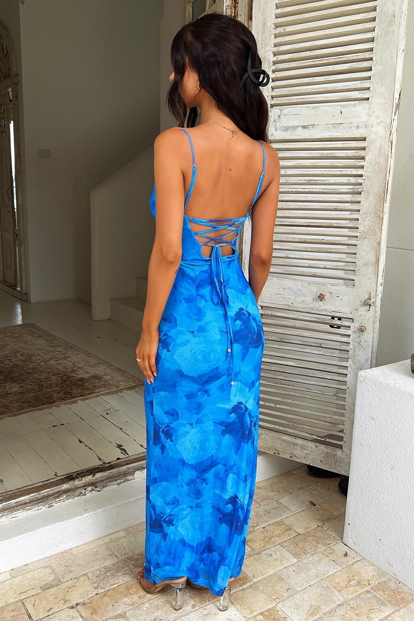 Women's Long Dress with Floral Print and Straps