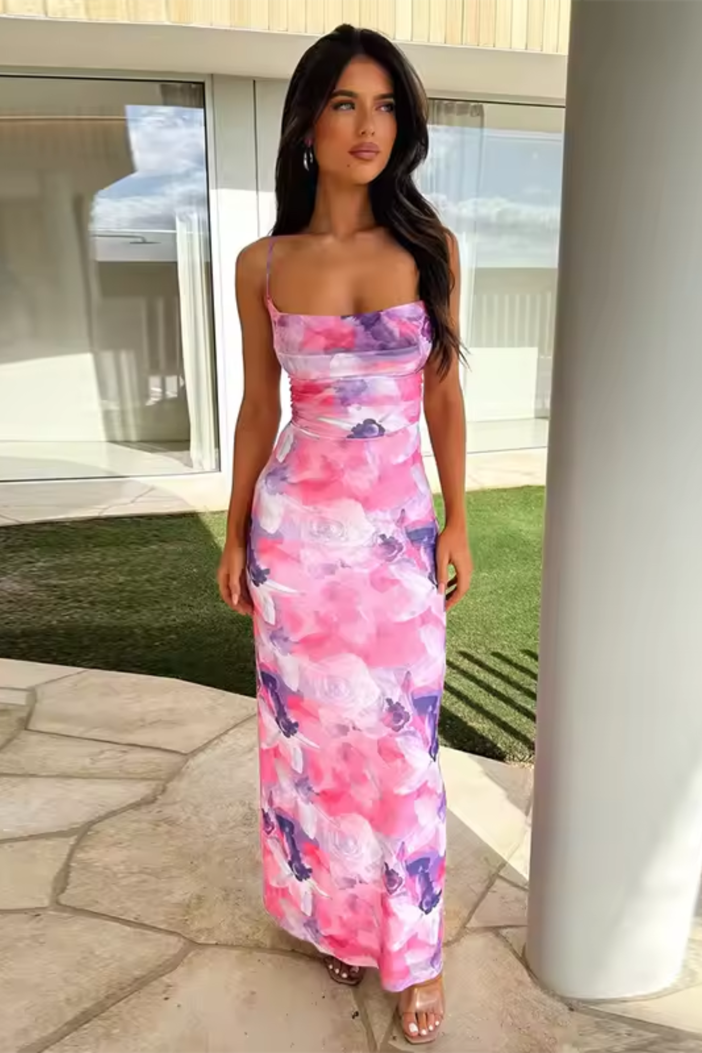 Women's Long Dress with Floral Print and Straps
