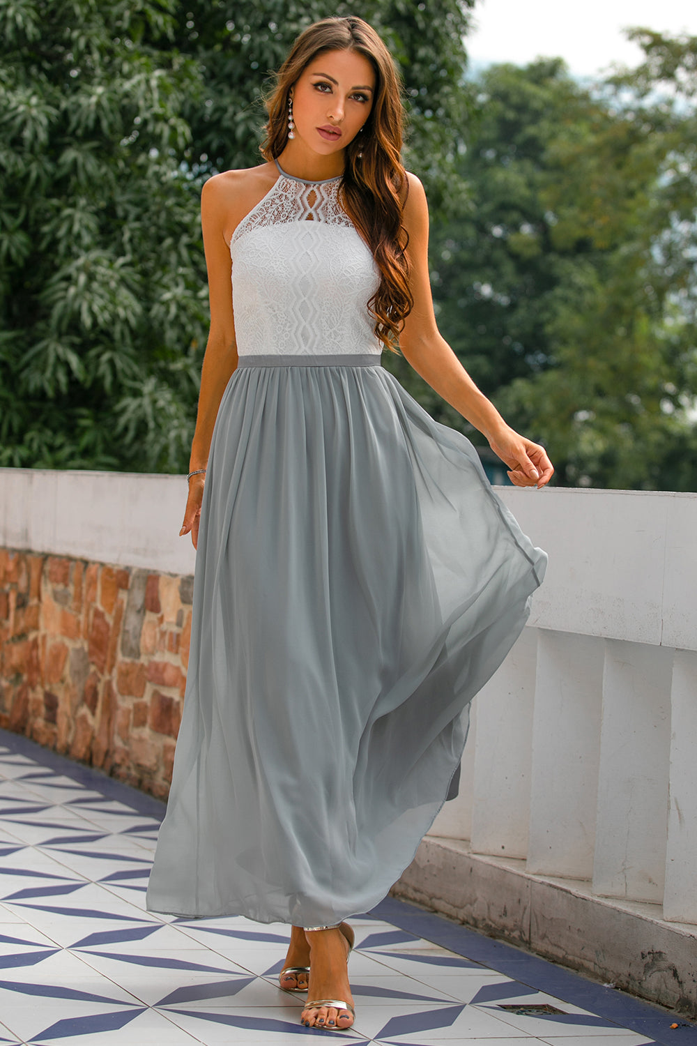 Elegant maxi halter-neck dress for a wedding guest