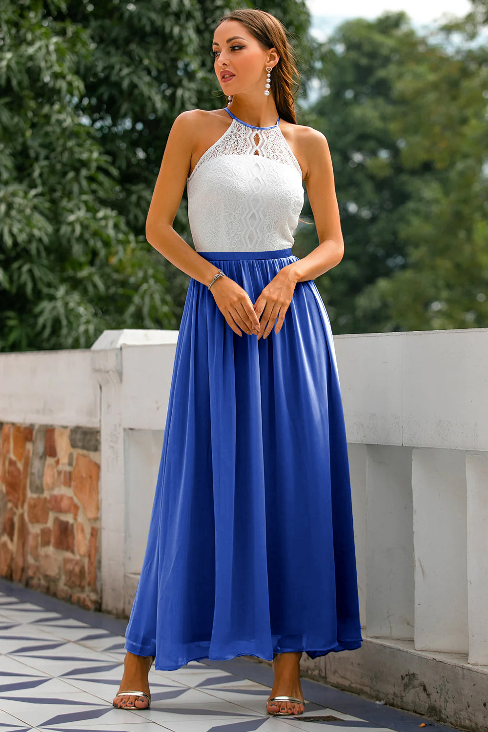 Elegant maxi halter-neck dress for a wedding guest