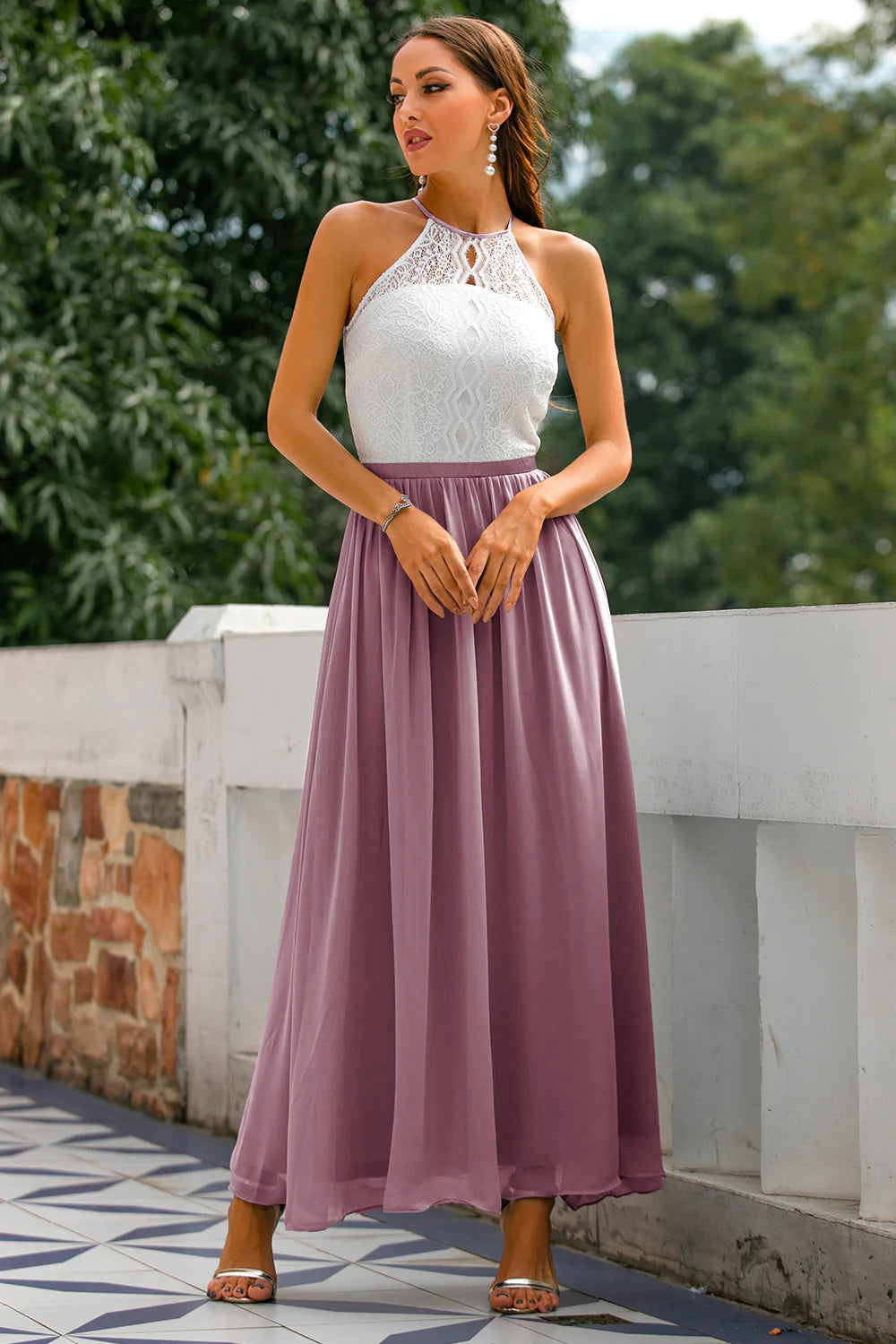 Elegant maxi halter-neck dress for a wedding guest