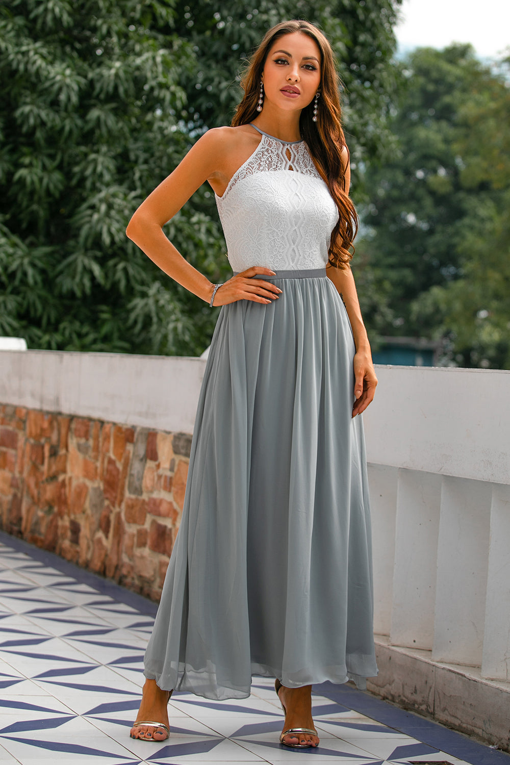 Elegant maxi halter-neck dress for a wedding guest