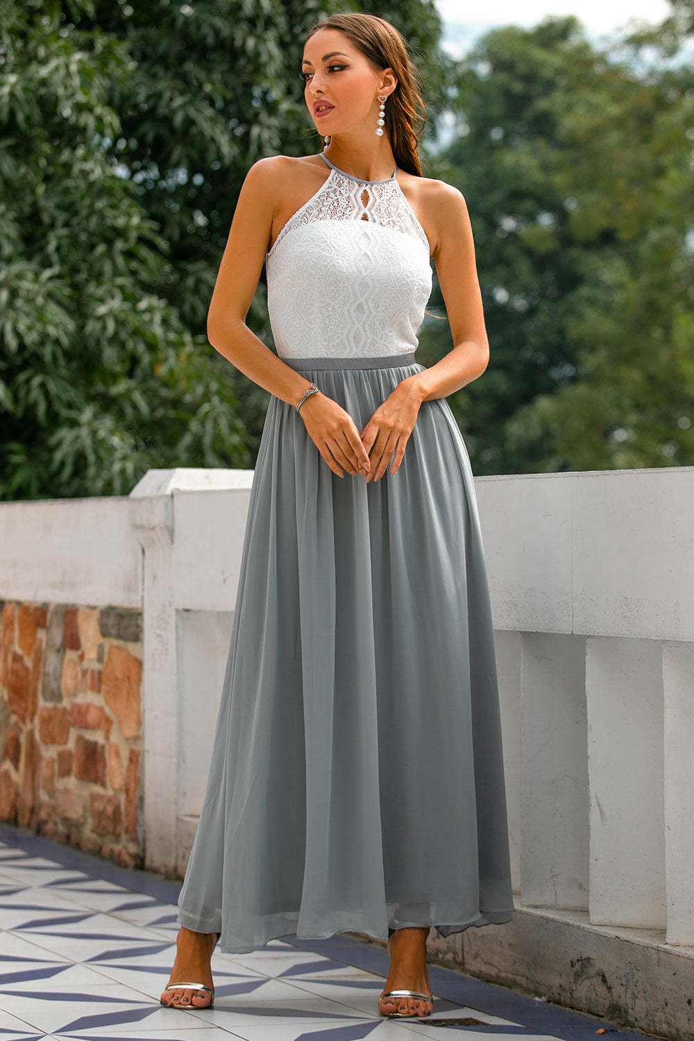 Elegant maxi halter-neck dress for a wedding guest
