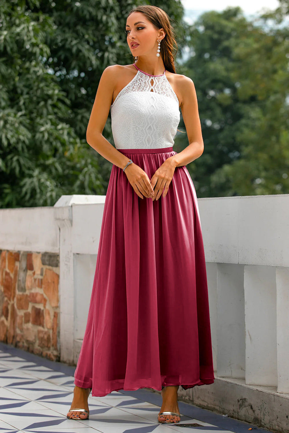 Elegant maxi halter-neck dress for a wedding guest