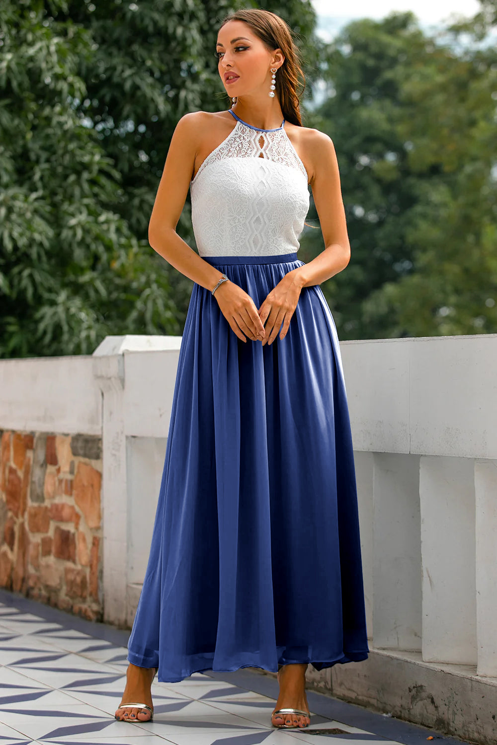 Elegant maxi halter-neck dress for a wedding guest