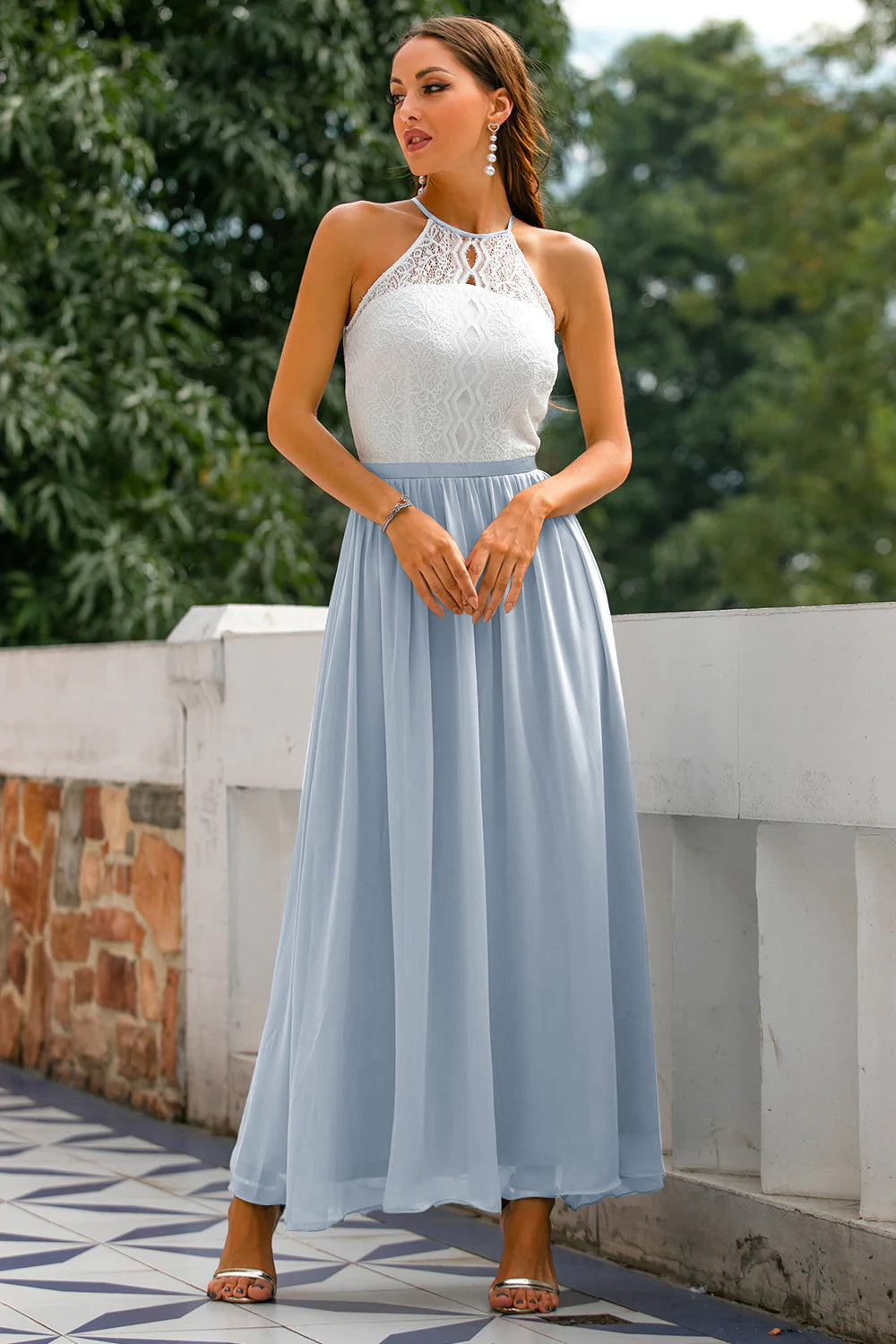 Elegant maxi halter-neck dress for a wedding guest