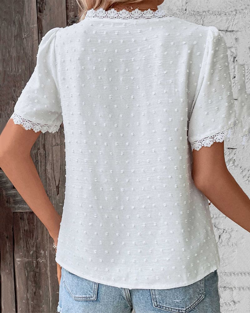 Blusa Donna a Maniche Corte con Scollo a V in Pizzo