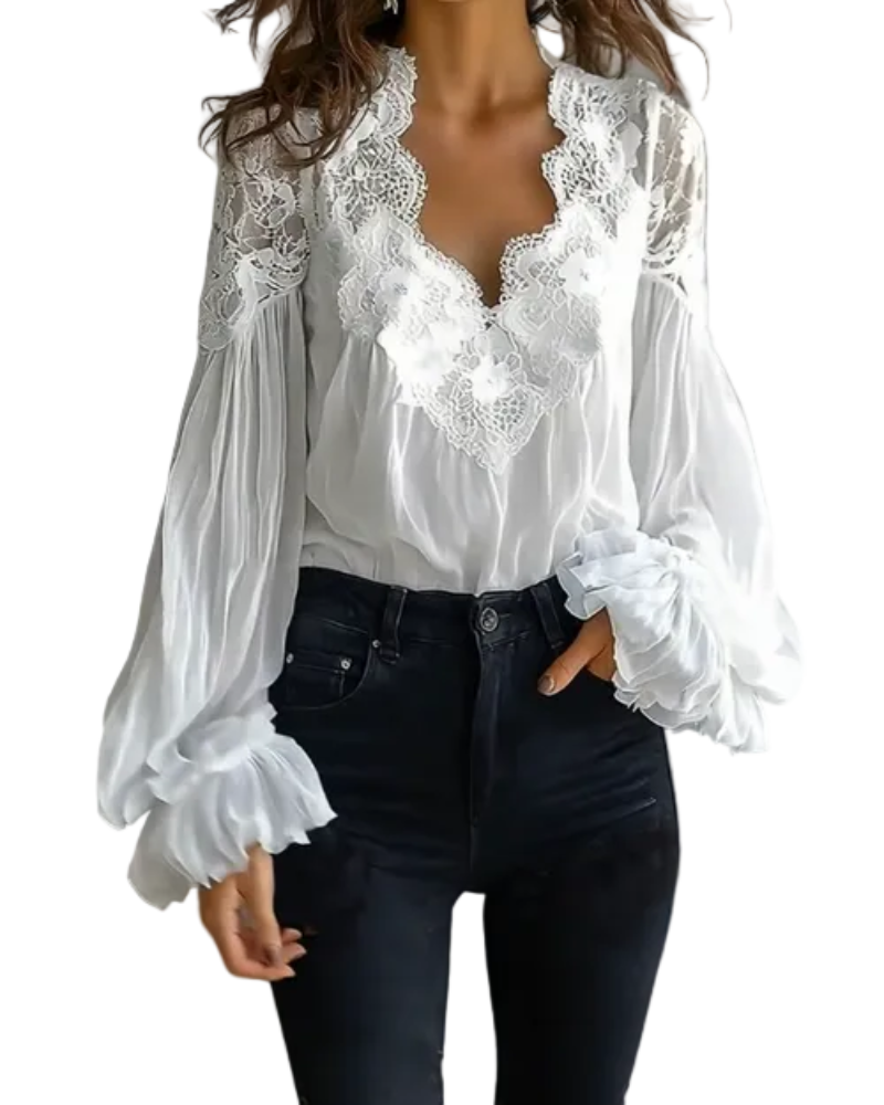 Blusa Donna in Pizzo con Scollo a V e Maniche Lunghe