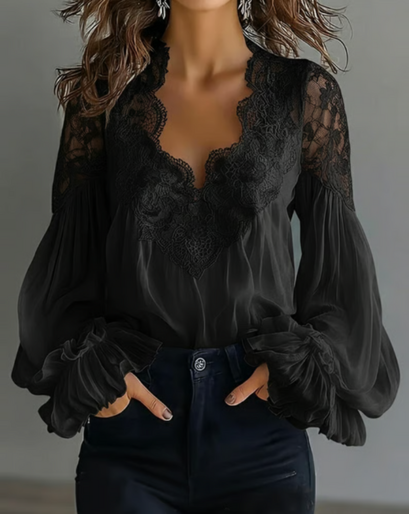 Blusa Donna in Pizzo con Scollo a V e Maniche Lunghe