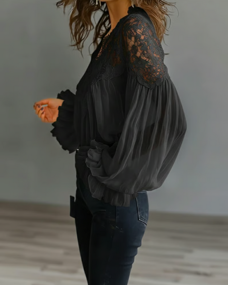 Blusa Donna in Pizzo con Scollo a V e Maniche Lunghe