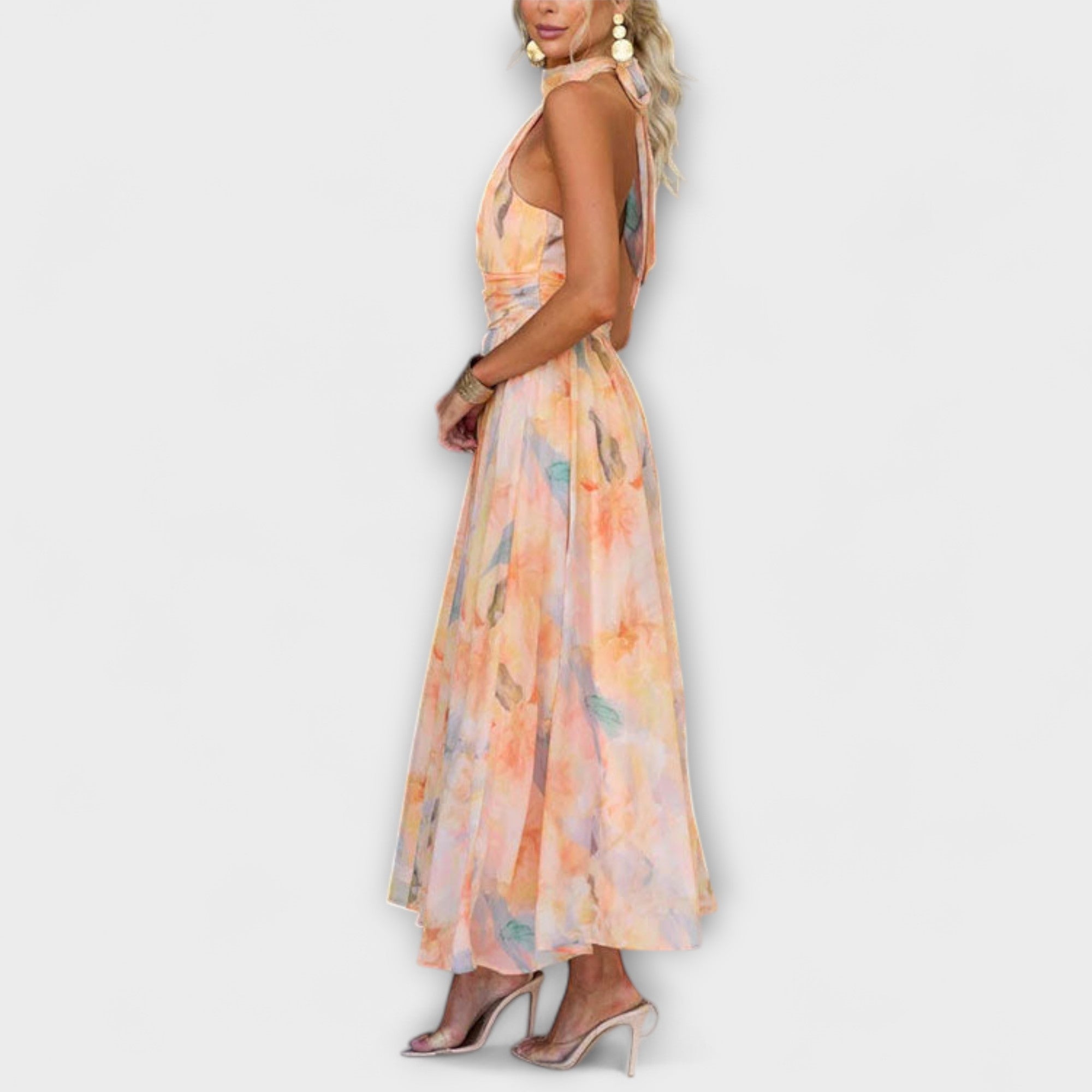 Abito Lungo Donna Floreale con Scollo Halter e Vita Elasticizzata