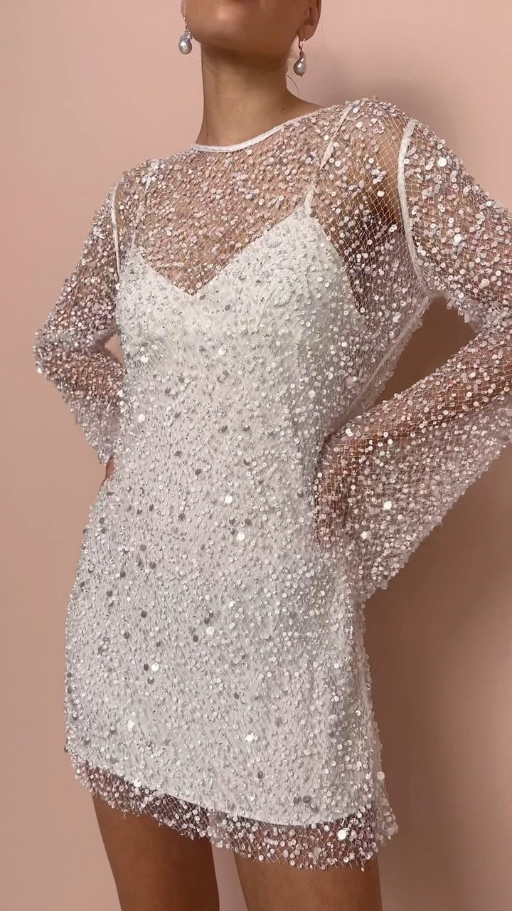 Abito Corto Donna con Paillettes e Maniche Lunghe in Tulle