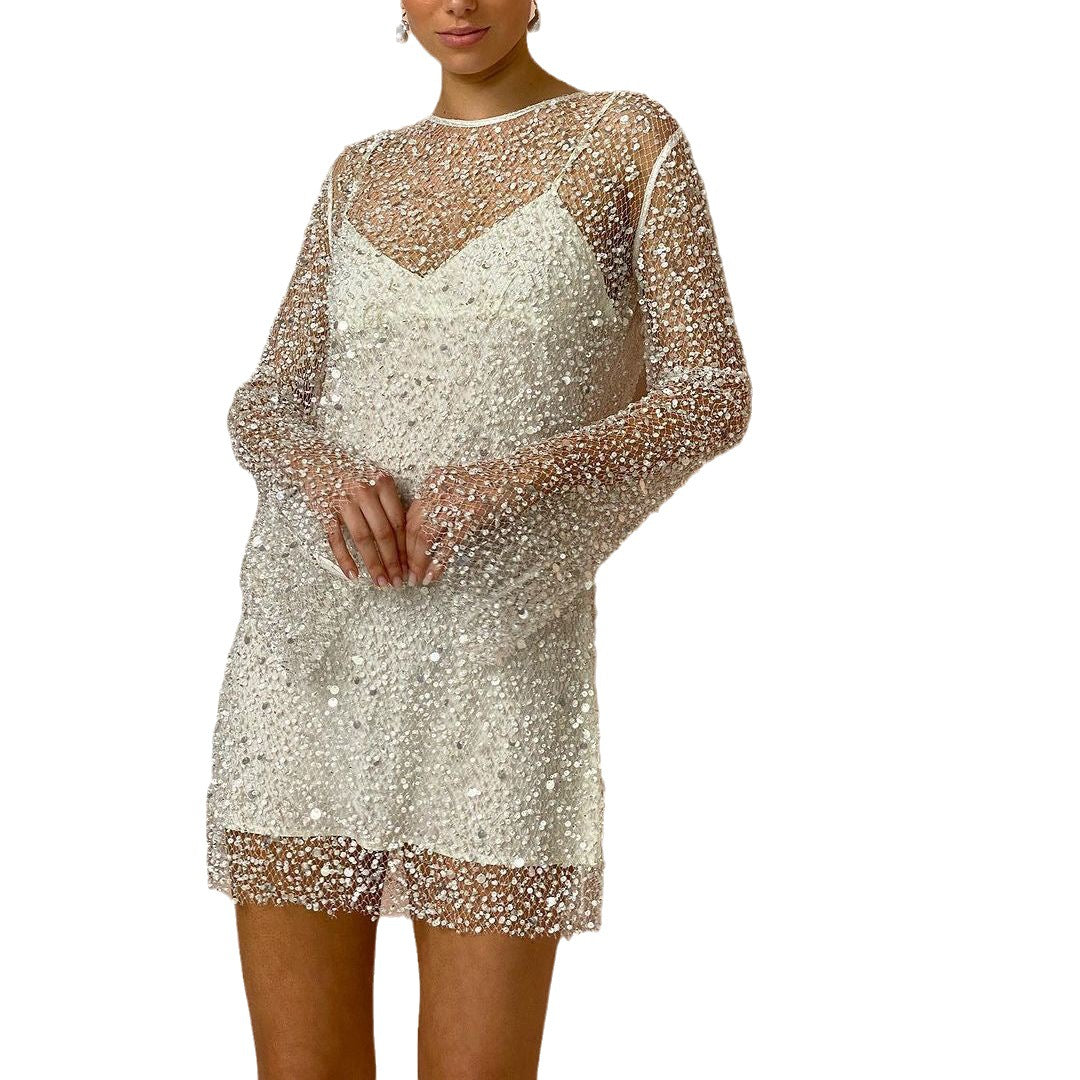 Abito Corto Donna con Paillettes e Maniche Lunghe in Tulle