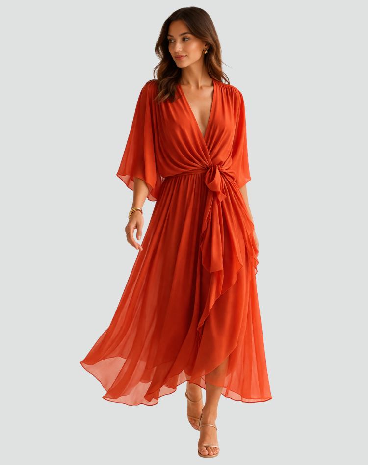Abito Lungo Donna con Scollo a V e Vita Annodata