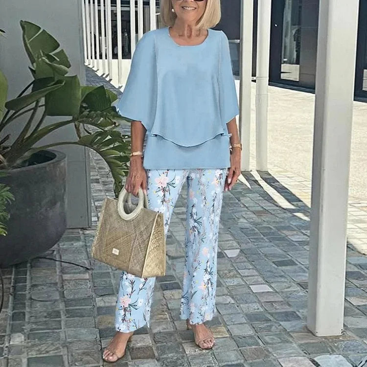 Printet 2-Delt Sæt med Løs Bluse og Bukser til Dame