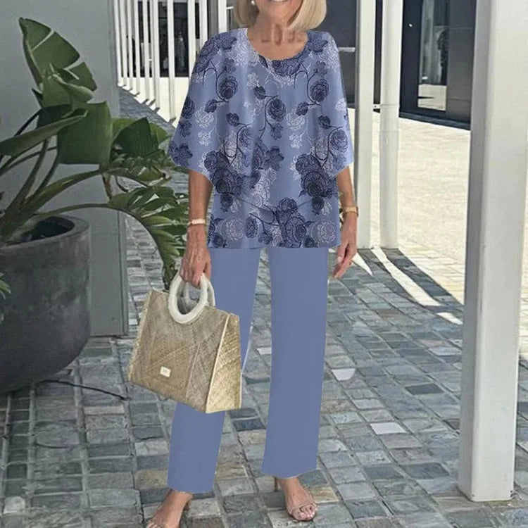 Printet 2-Delt Sæt med Løs Bluse og Bukser til Dame
