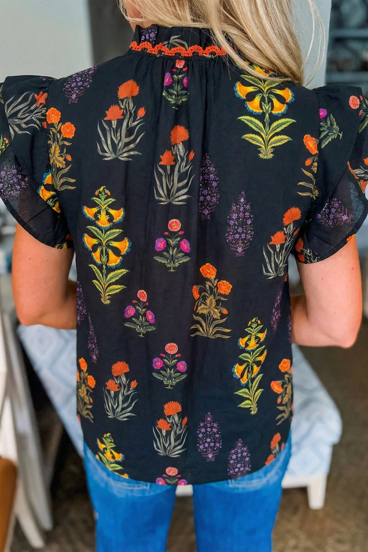 Black Floral Shirt with Lace Trim and Ruffled V-Neck