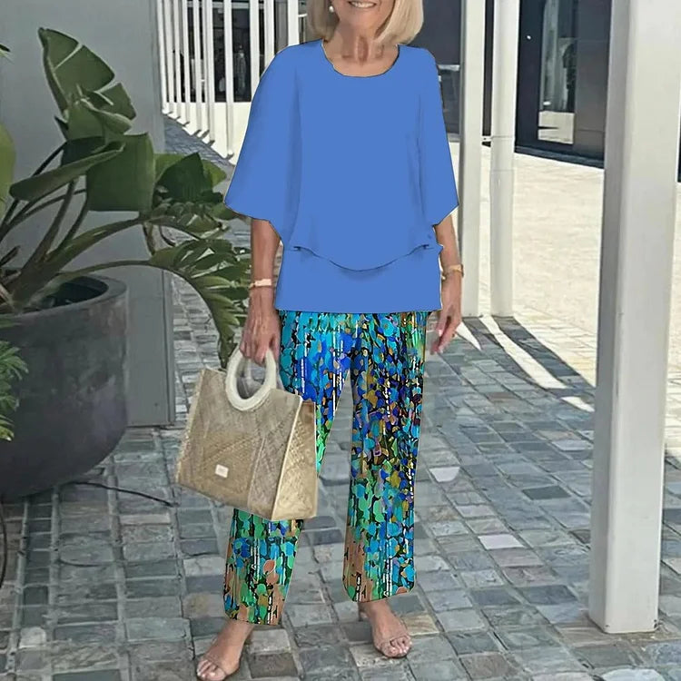 Printet 2-Delt Sæt med Løs Bluse og Bukser til Dame