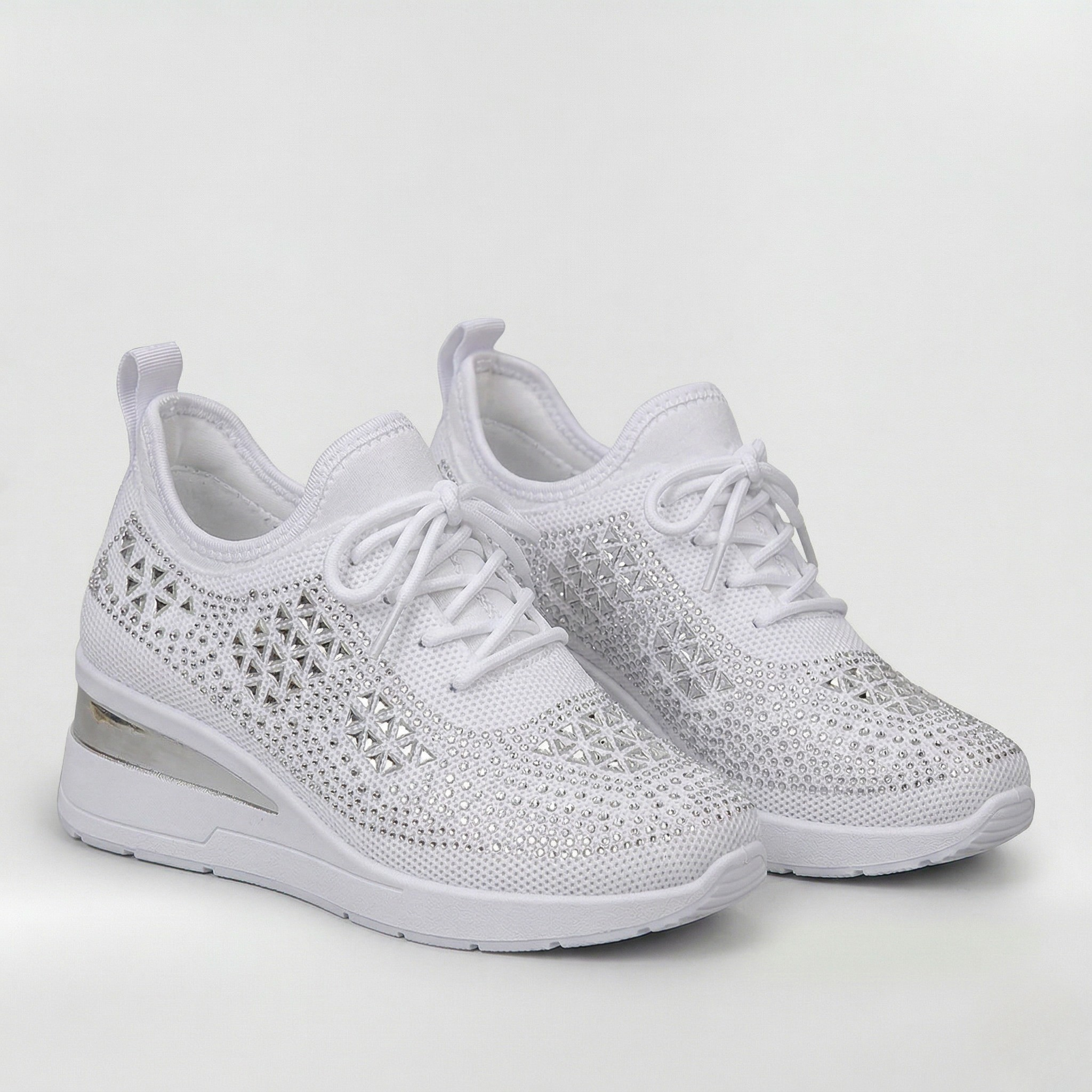 Scarpe Sneakers Donna Platform con Zeppa Interna e Strass Decorativi Casual